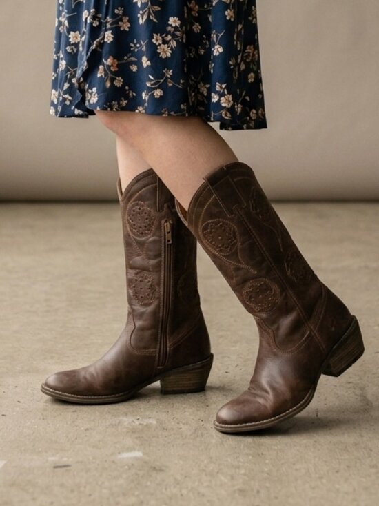 Arnold Churgin Shoes - Arnold Churgin Brown Leather Cowboy Boots with Floral Cut Out